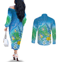 Hawaii Honu Couples Matching Off The Shoulder Long Sleeve Dress and Long Sleeve Button Shirt Tropical Flowers Blue Gradient LT05 - Polynesian Pride