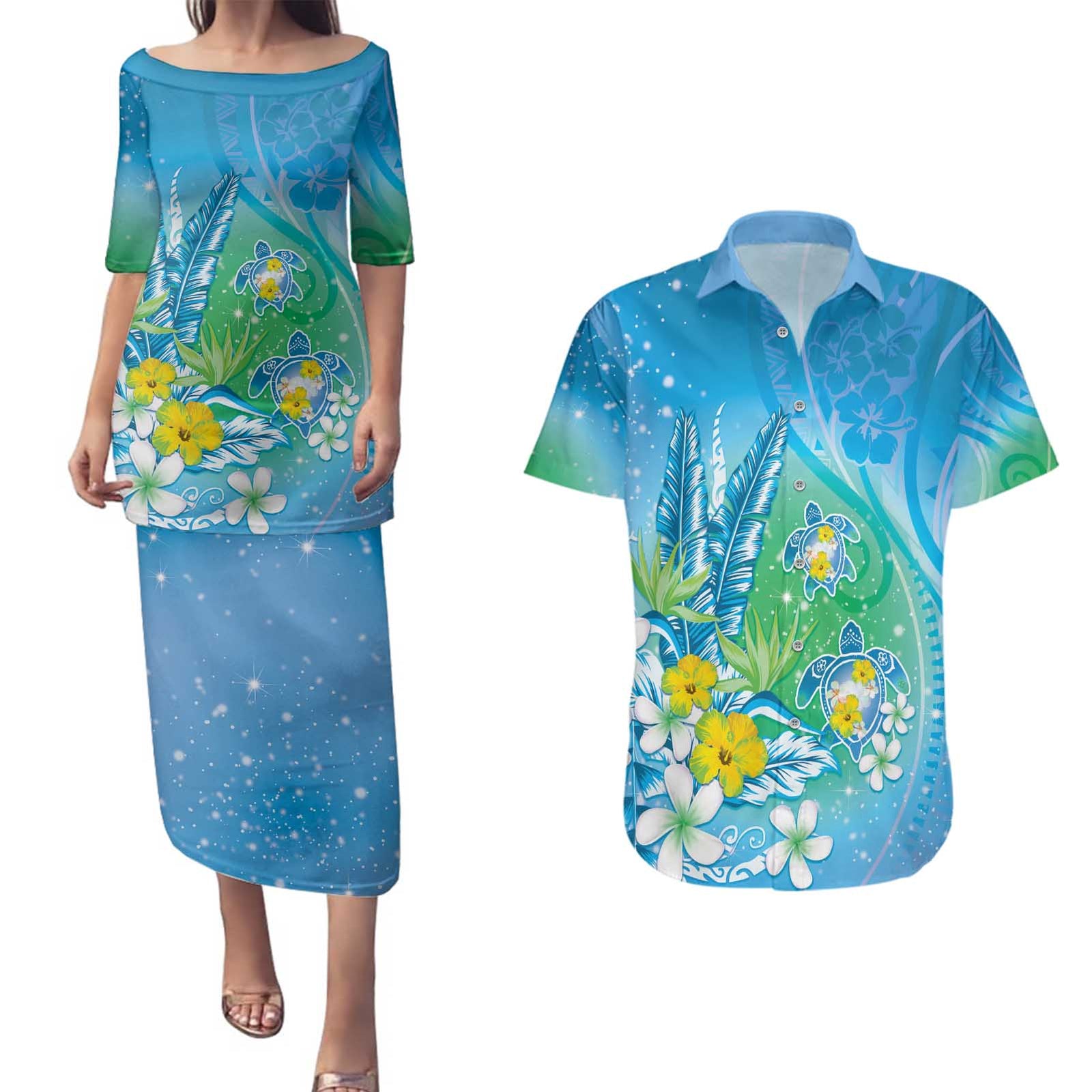 Hawaii Honu Couples Matching Puletasi and Hawaiian Shirt Tropical Flowers Blue Gradient LT05 Blue - Polynesian Pride