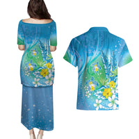 Hawaii Honu Couples Matching Puletasi and Hawaiian Shirt Tropical Flowers Blue Gradient LT05 - Polynesian Pride