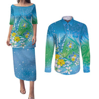 Hawaii Honu Couples Matching Puletasi and Long Sleeve Button Shirt Tropical Flowers Blue Gradient LT05 Blue - Polynesian Pride