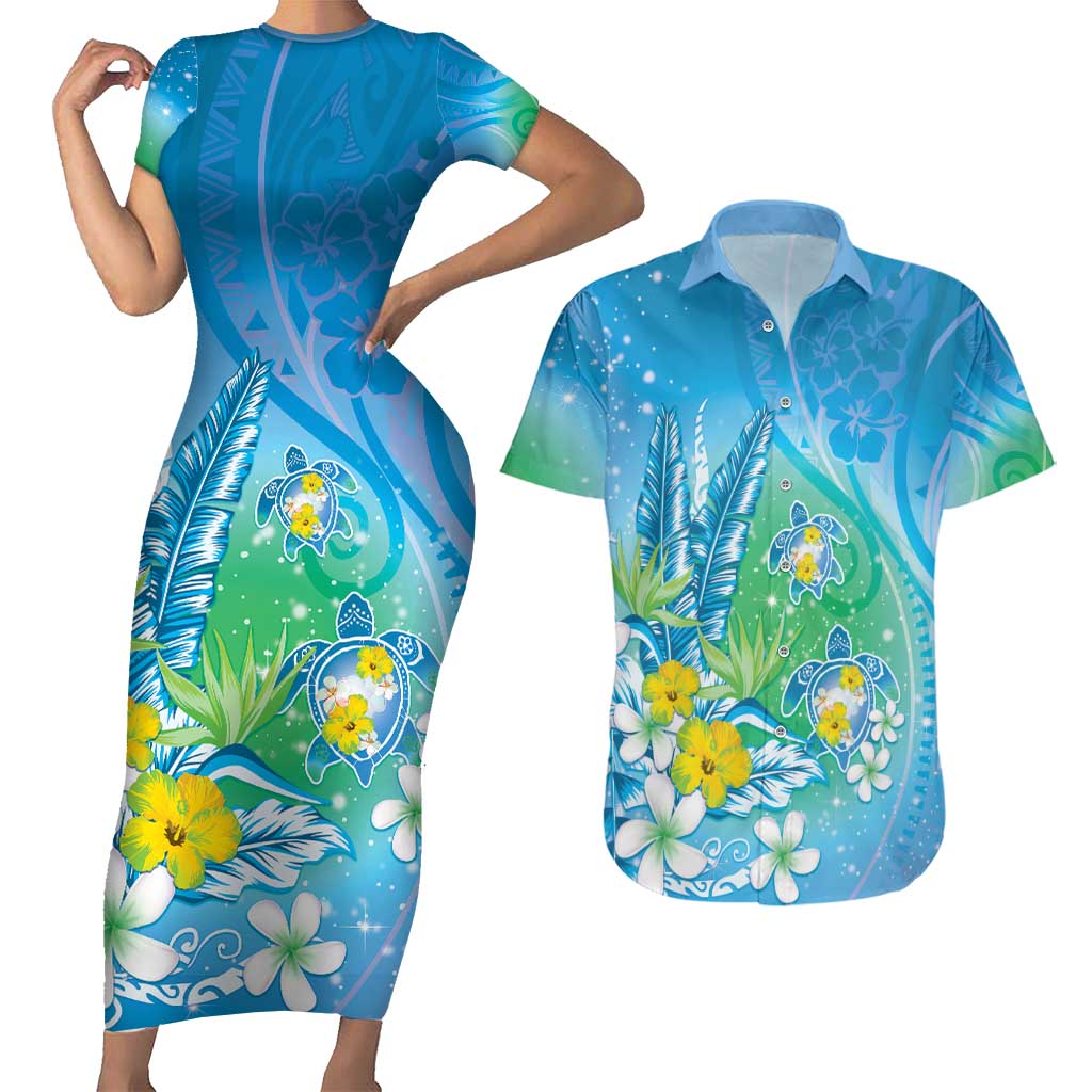 Hawaii Honu Couples Matching Short Sleeve Bodycon Dress and Hawaiian Shirt Tropical Flowers Blue Gradient LT05 Blue - Polynesian Pride
