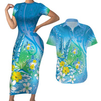 Hawaii Honu Couples Matching Short Sleeve Bodycon Dress and Hawaiian Shirt Tropical Flowers Blue Gradient LT05 Blue - Polynesian Pride