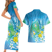 Hawaii Honu Couples Matching Short Sleeve Bodycon Dress and Hawaiian Shirt Tropical Flowers Blue Gradient LT05 - Polynesian Pride