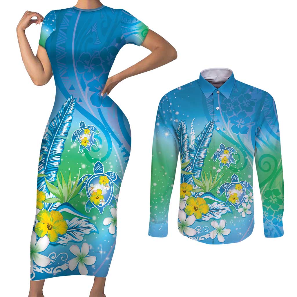 Hawaii Honu Couples Matching Short Sleeve Bodycon Dress and Long Sleeve Button Shirt Tropical Flowers Blue Gradient LT05 Blue - Polynesian Pride