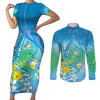 Hawaii Honu Couples Matching Short Sleeve Bodycon Dress and Long Sleeve Button Shirt Tropical Flowers Blue Gradient LT05 Blue - Polynesian Pride