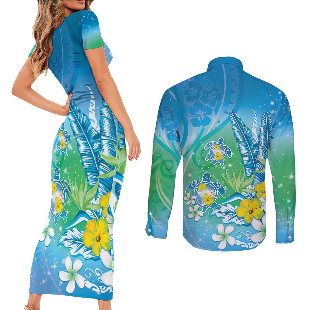 Hawaii Honu Couples Matching Short Sleeve Bodycon Dress and Long Sleeve Button Shirt Tropical Flowers Blue Gradient LT05 - Polynesian Pride