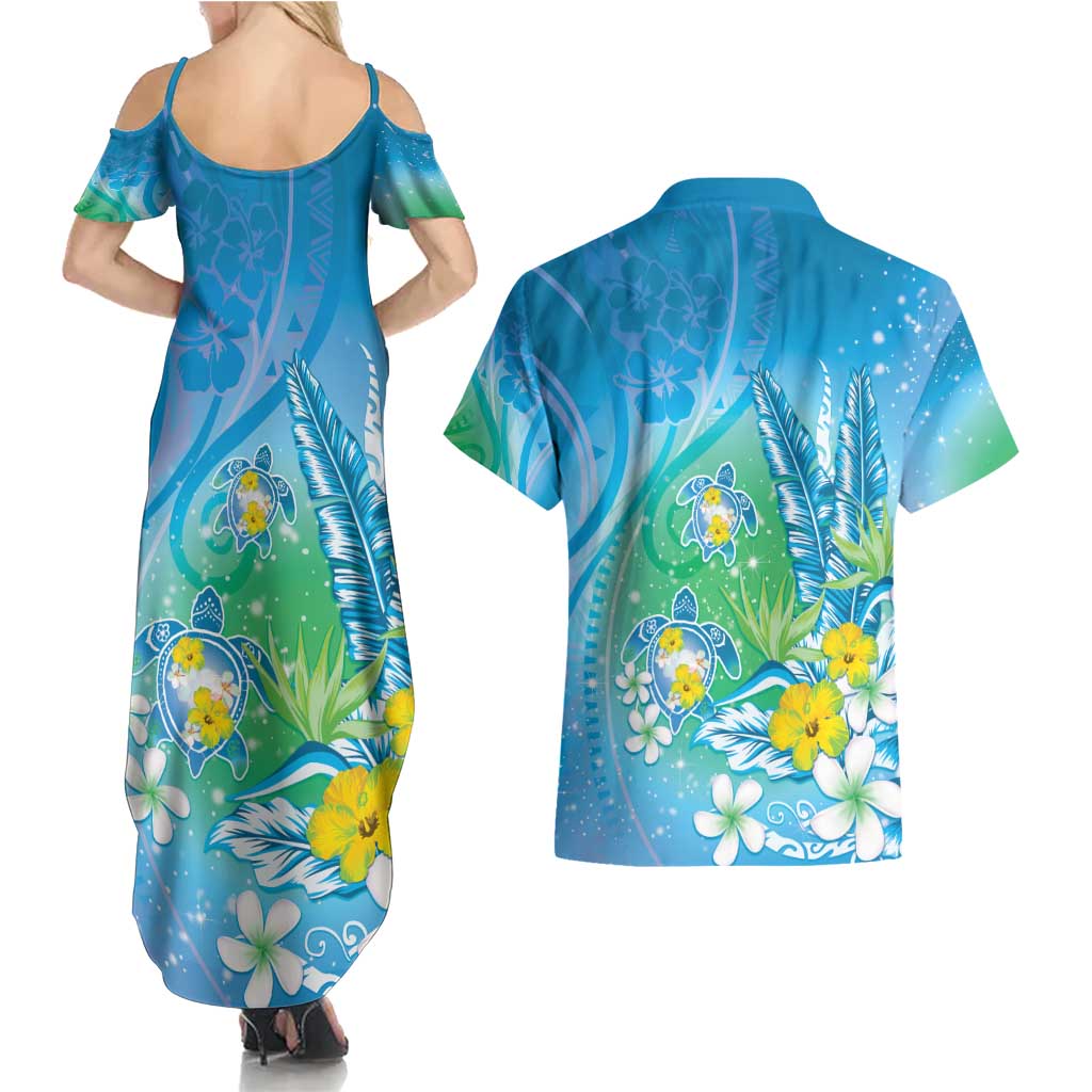 Hawaii Honu Couples Matching Summer Maxi Dress and Hawaiian Shirt - Tropical Flowers Blue Gradient LT05 - Polynesian Pride