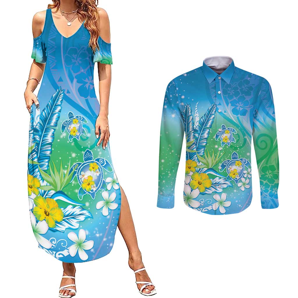 Hawaii Honu Couples Matching Summer Maxi Dress and Long Sleeve Button Shirt Tropical Flowers Blue Gradient LT05 Blue - Polynesian Pride