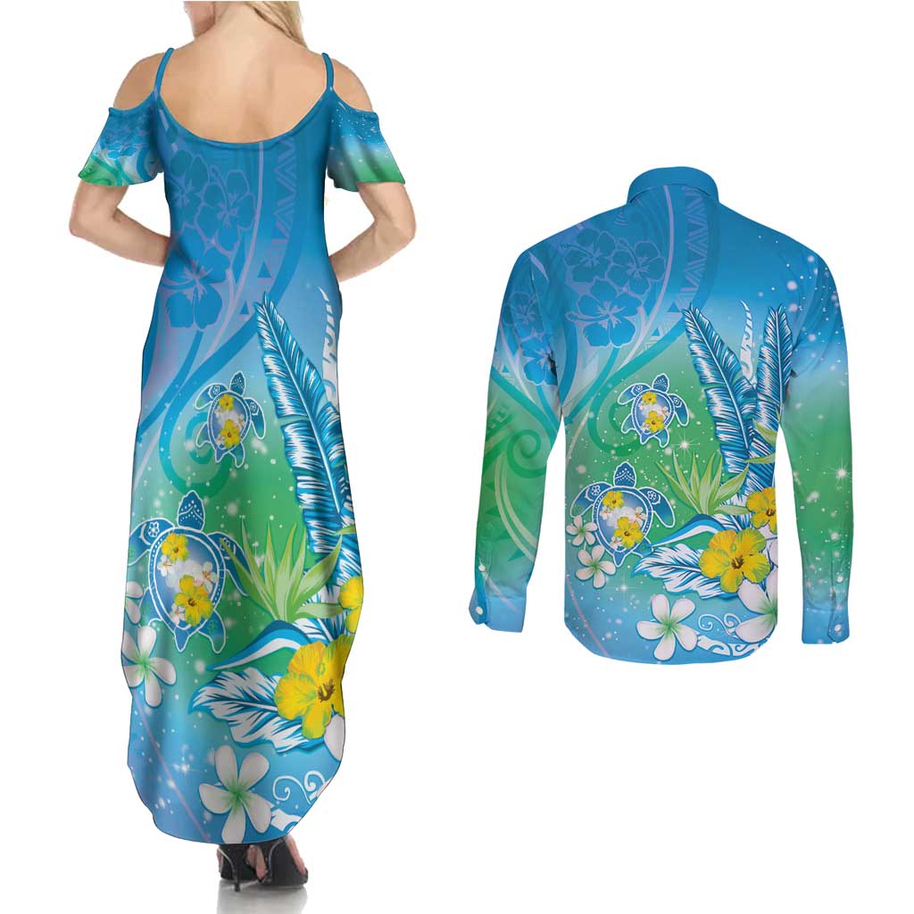 Hawaii Honu Couples Matching Summer Maxi Dress and Long Sleeve Button Shirt Tropical Flowers Blue Gradient LT05 - Polynesian Pride