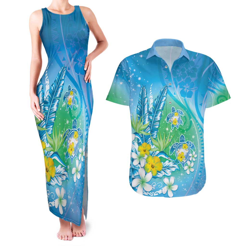 Hawaii Honu Couples Matching Tank Maxi Dress and Hawaiian Shirt - Tropical Flowers Blue Gradient LT05 Blue - Polynesian Pride