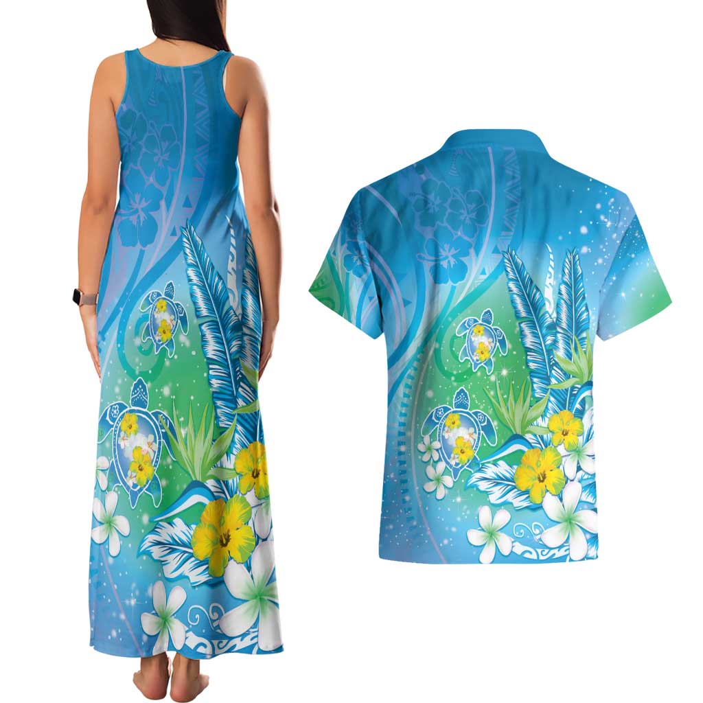 Hawaii Honu Couples Matching Tank Maxi Dress and Hawaiian Shirt - Tropical Flowers Blue Gradient LT05 - Polynesian Pride