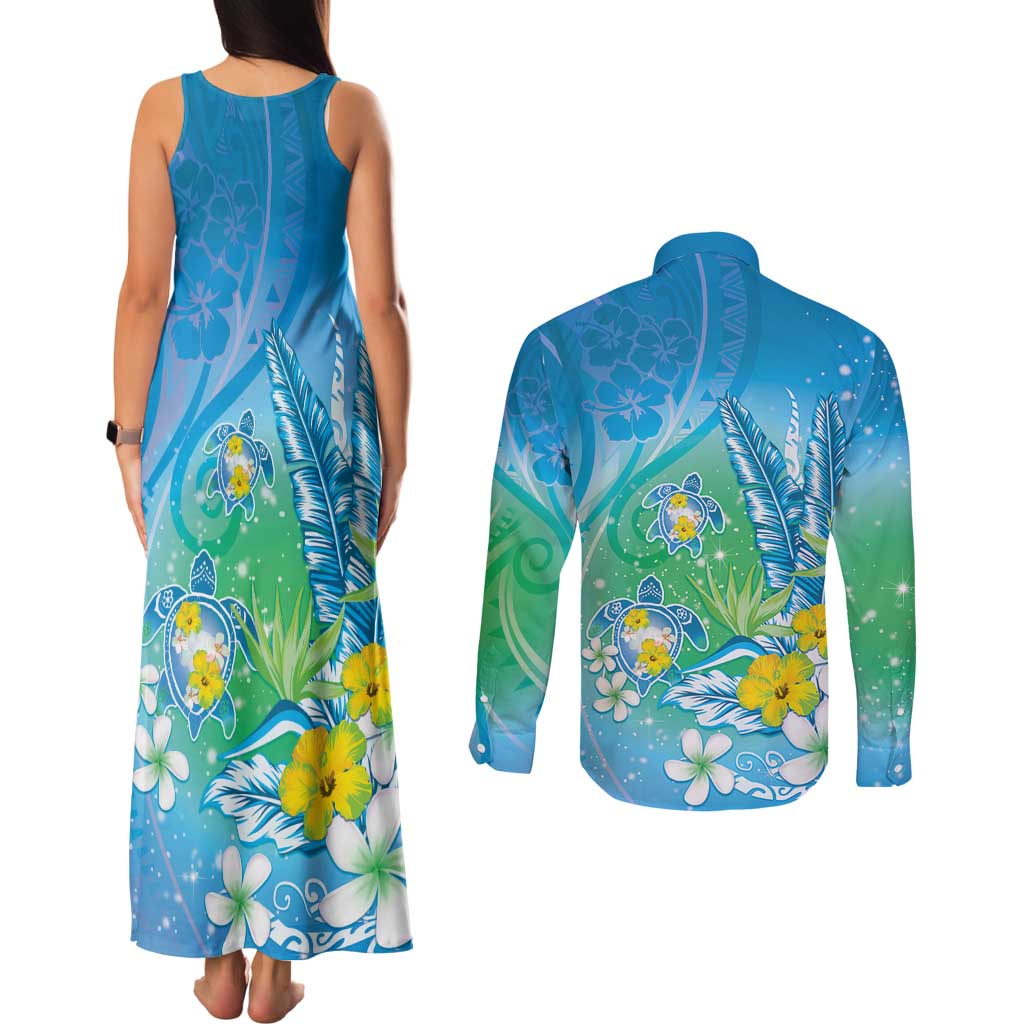 Hawaii Honu Couples Matching Tank Maxi Dress and Long Sleeve Button Shirt - Tropical Flowers Blue Gradient LT05 - Polynesian Pride