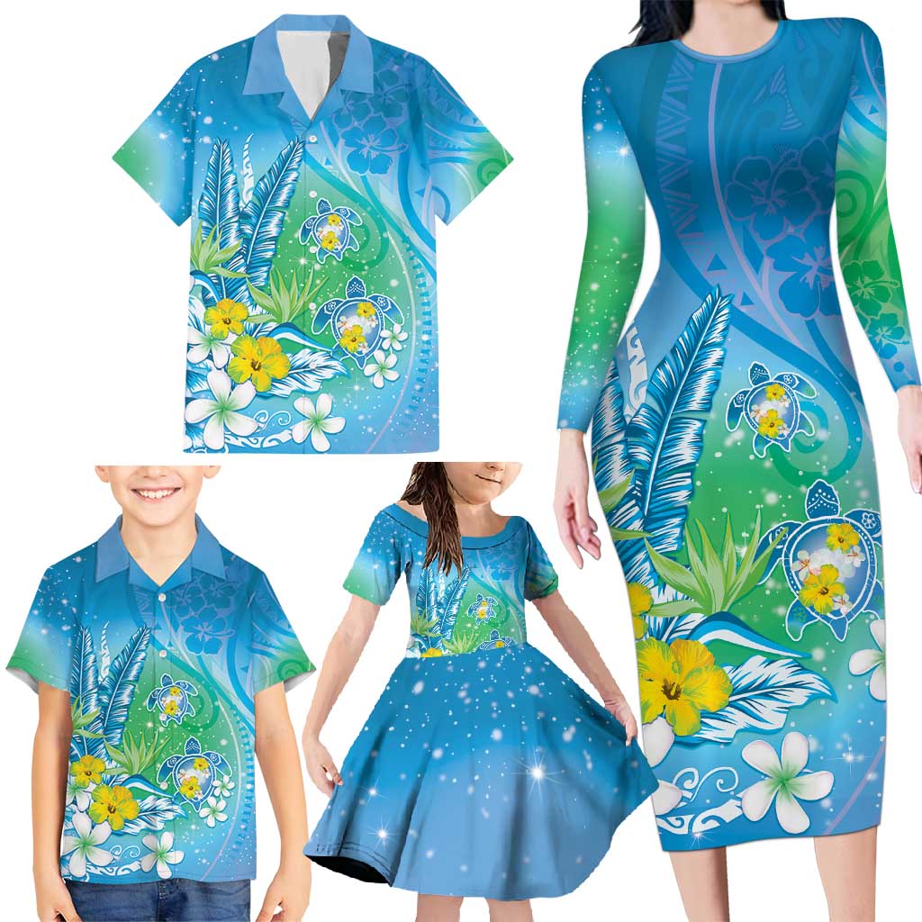 Hawaii Honu Family Matching Long Sleeve Bodycon Dress and Hawaiian Shirt Tropical Flowers Blue Gradient