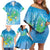 Hawaii Honu Family Matching Off Shoulder Short Dress and Hawaiian Shirt Tropical Flowers Blue Gradient