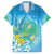 Hawaii Honu Family Matching Off Shoulder Short Dress and Hawaiian Shirt Tropical Flowers Blue Gradient