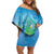 Hawaii Honu Family Matching Off Shoulder Short Dress and Hawaiian Shirt Tropical Flowers Blue Gradient