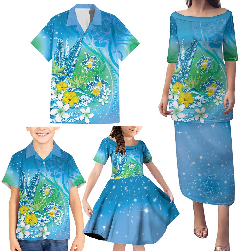 Hawaii Honu Family Matching Puletasi and Hawaiian Shirt Tropical Flowers Blue Gradient