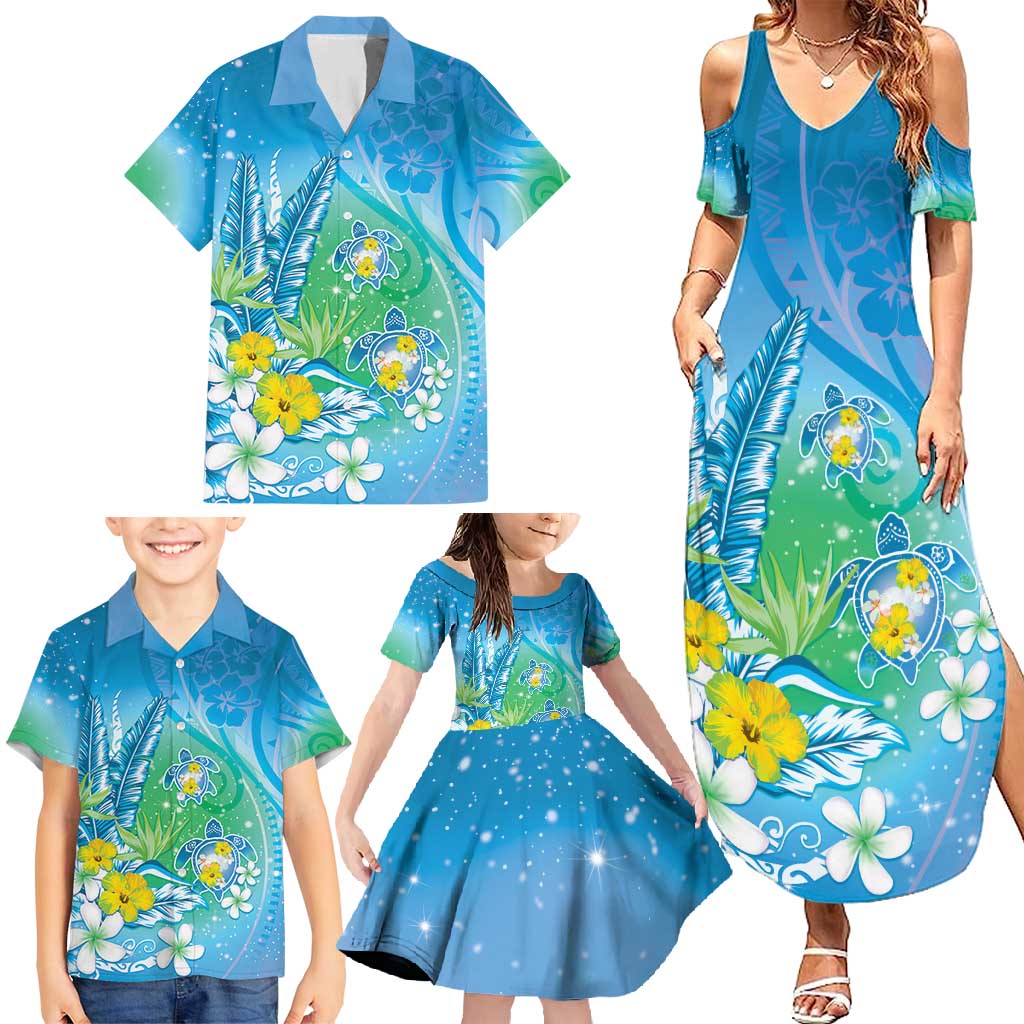 Hawaii Honu Family Matching Summer Maxi Dress and Hawaiian Shirt Tropical Flowers Blue Gradient