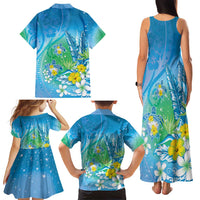 Hawaii Honu Family Matching Tank Maxi Dress and Hawaiian Shirt Tropical Flowers Blue Gradient