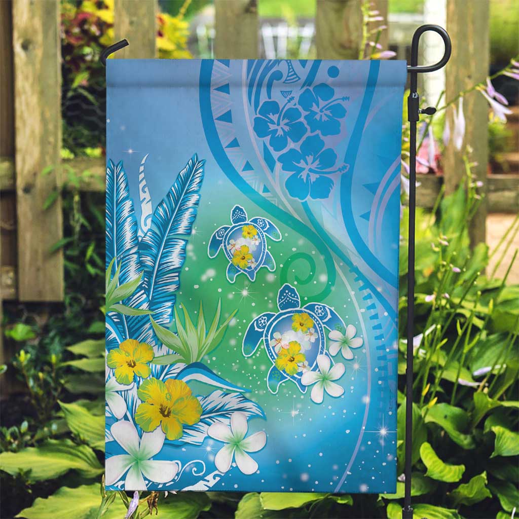 Hawaii Honu Garden Flag Tropical Flowers Blue Gradient LT05 Garden Flag Blue - Polynesian Pride