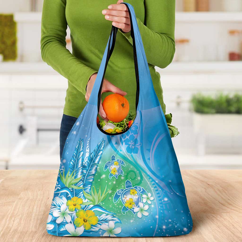 Hawaii Honu Grocery Bag Tropical Flowers Blue Gradient LT05 - Polynesian Pride