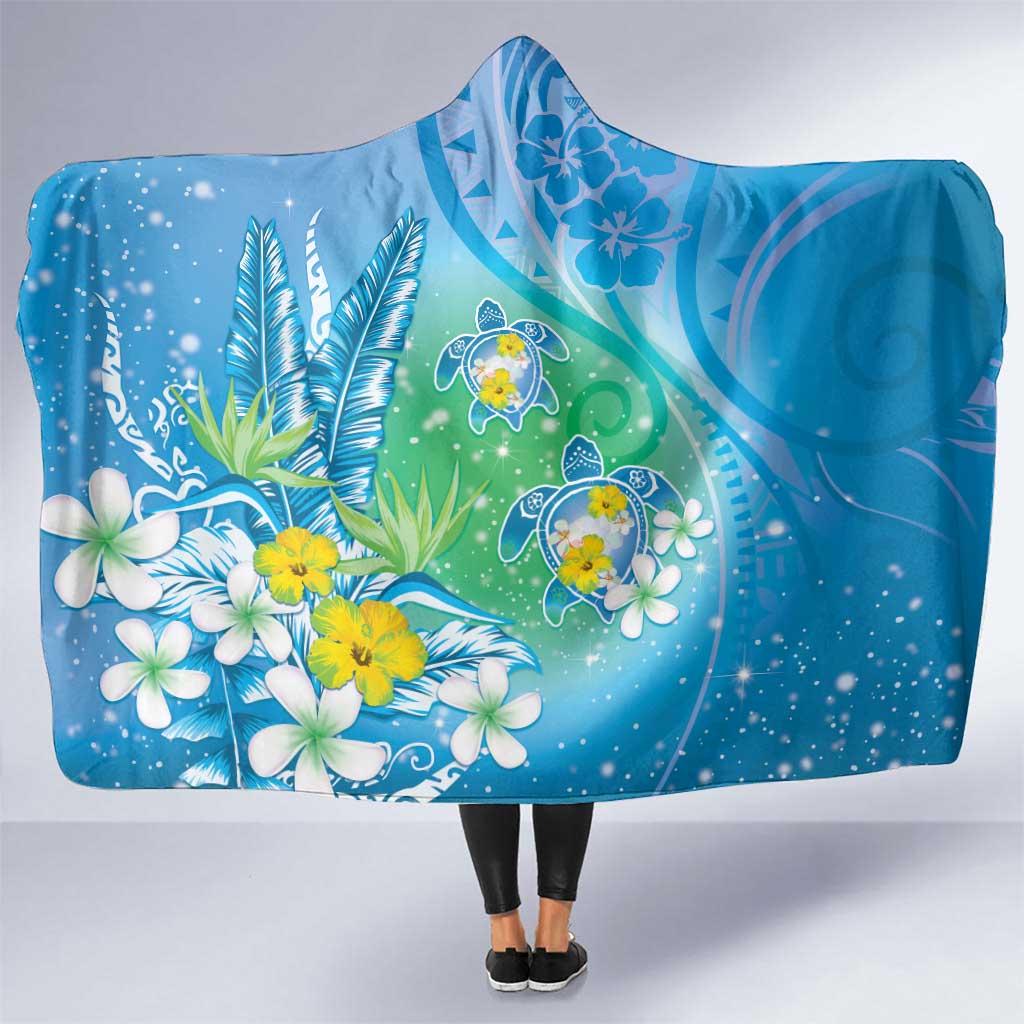 Hawaii Honu Hooded Blanket Tropical Flowers Blue Gradient LT05 One Size Blue - Polynesian Pride