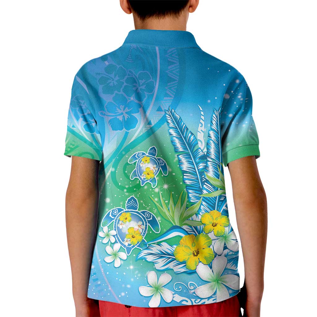 Hawaii Honu Kid Polo Shirt Tropical Flowers Blue Gradient