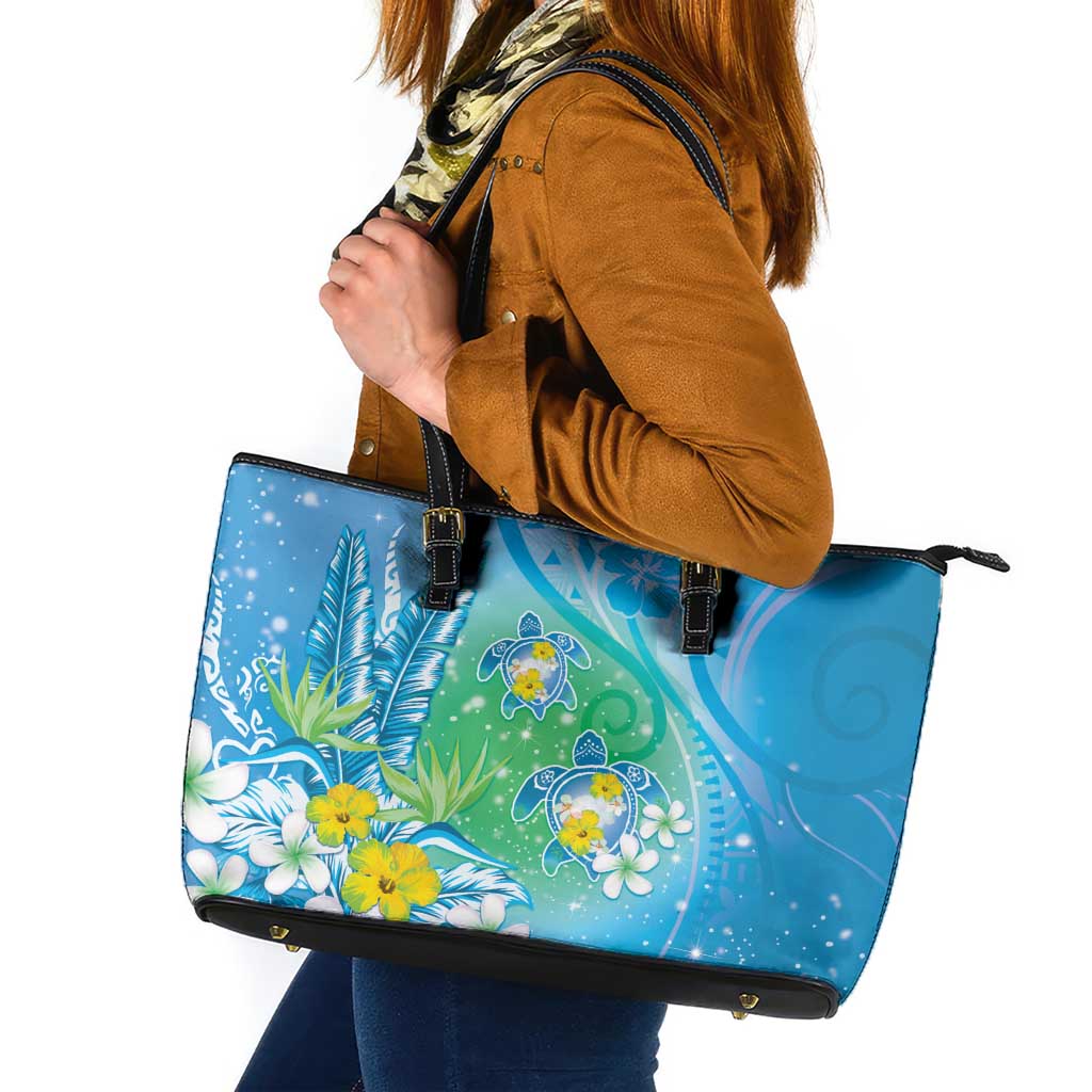 Hawaii Honu Leather Tote Bag - Tropical Flowers Blue Gradient LT05 Blue - Polynesian Pride
