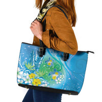 Hawaii Honu Leather Tote Bag - Tropical Flowers Blue Gradient LT05 Blue - Polynesian Pride
