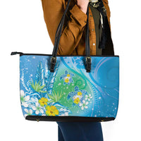 Hawaii Honu Leather Tote Bag - Tropical Flowers Blue Gradient LT05 - Polynesian Pride
