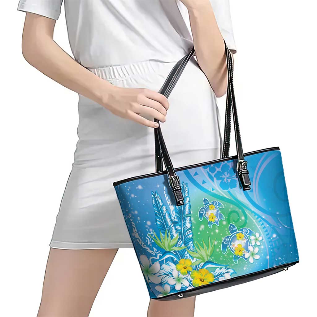 Hawaii Honu Leather Tote Bag - Tropical Flowers Blue Gradient LT05 - Polynesian Pride