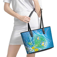 Hawaii Honu Leather Tote Bag - Tropical Flowers Blue Gradient LT05 - Polynesian Pride