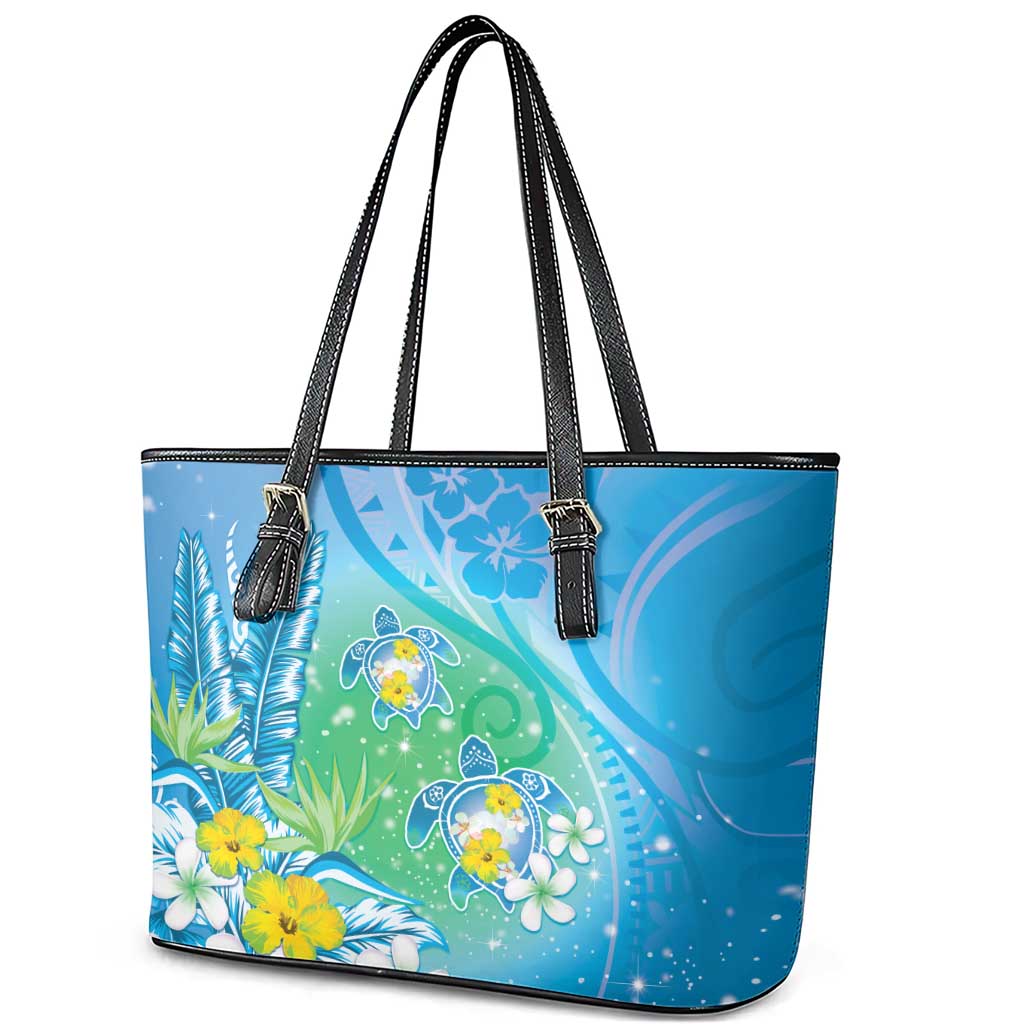Hawaii Honu Leather Tote Bag - Tropical Flowers Blue Gradient LT05 - Polynesian Pride