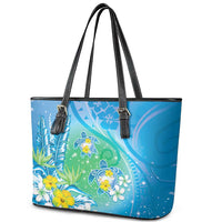 Hawaii Honu Leather Tote Bag - Tropical Flowers Blue Gradient LT05 - Polynesian Pride
