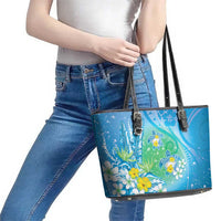 Hawaii Honu Leather Tote Bag - Tropical Flowers Blue Gradient LT05 - Polynesian Pride