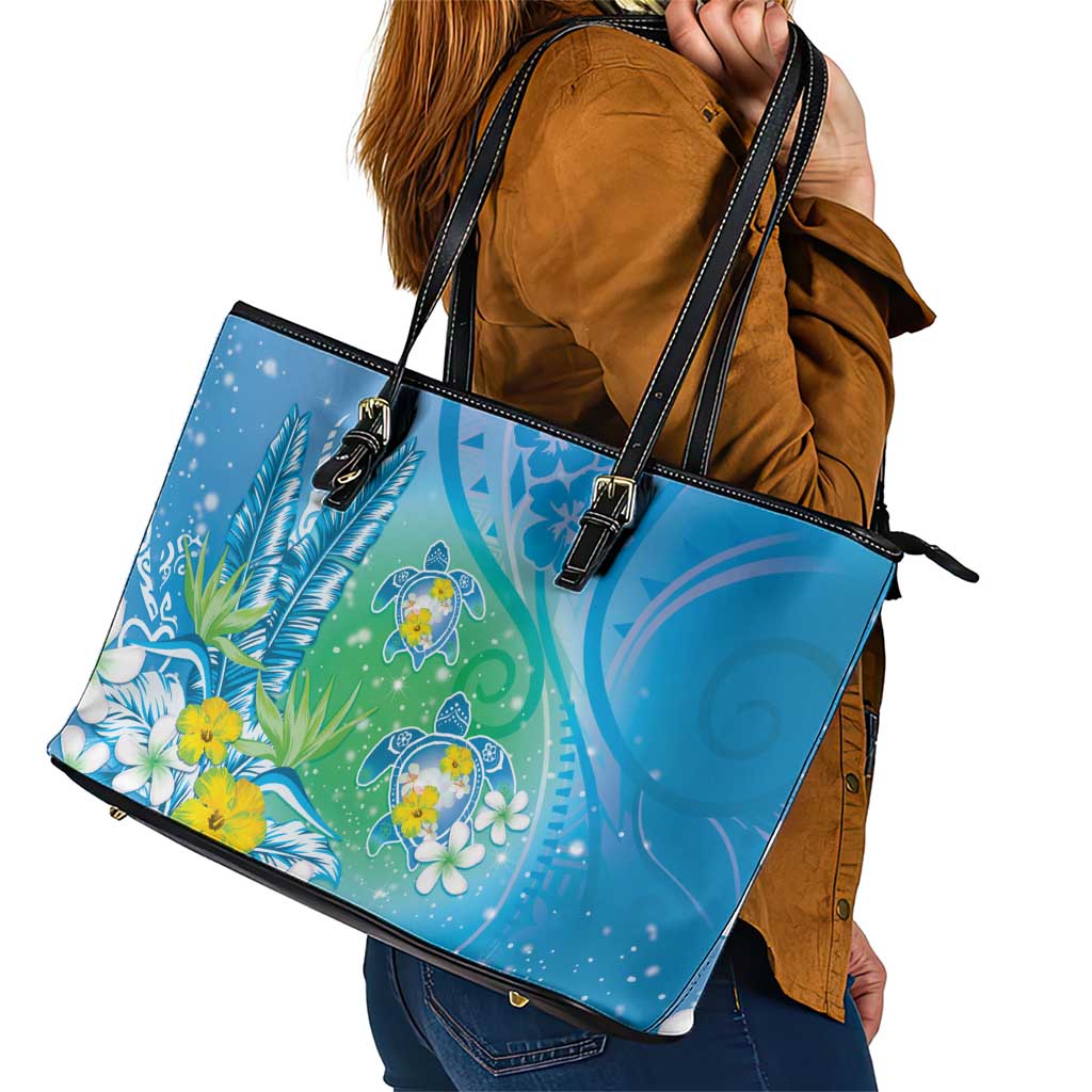 Hawaii Honu Leather Tote Bag - Tropical Flowers Blue Gradient LT05 - Polynesian Pride