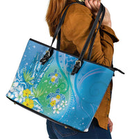 Hawaii Honu Leather Tote Bag - Tropical Flowers Blue Gradient LT05 - Polynesian Pride