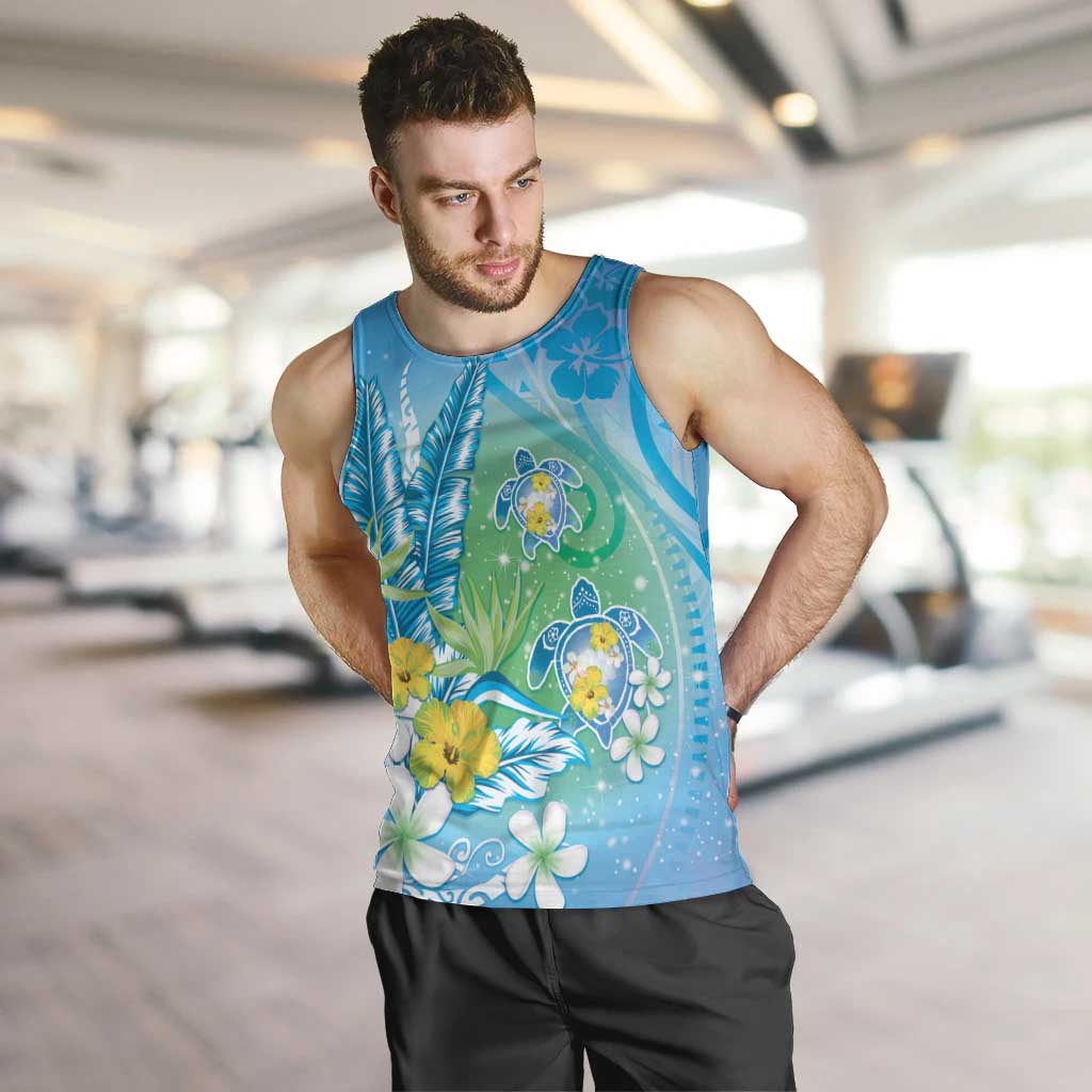 Hawaii Honu Men Tank Top - Tropical Flowers Blue Gradient LT05 Blue - Polynesian Pride