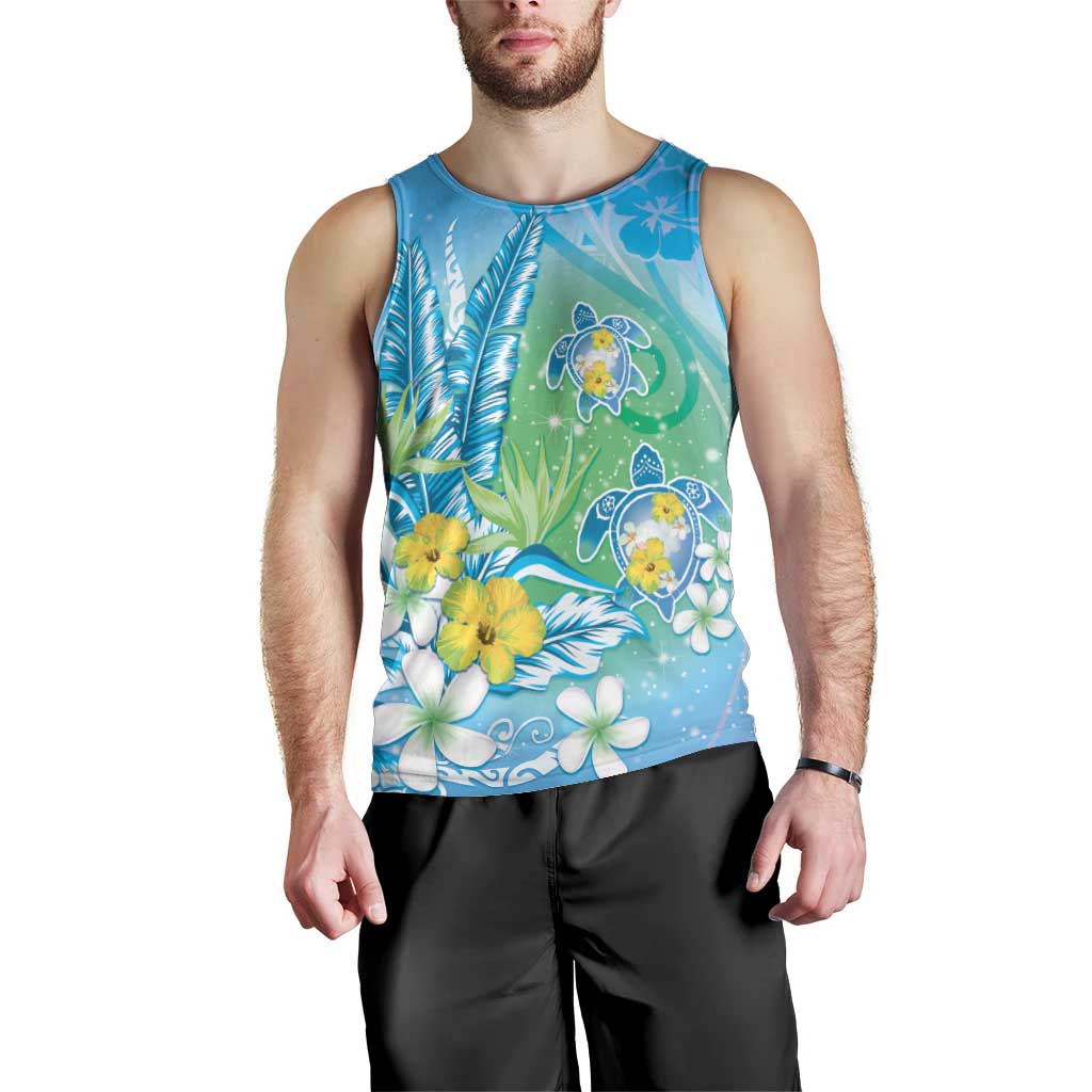 Hawaii Honu Men Tank Top - Tropical Flowers Blue Gradient LT05 - Polynesian Pride