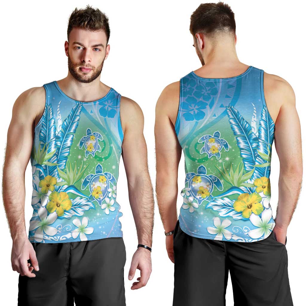 Hawaii Honu Men Tank Top - Tropical Flowers Blue Gradient LT05 - Polynesian Pride