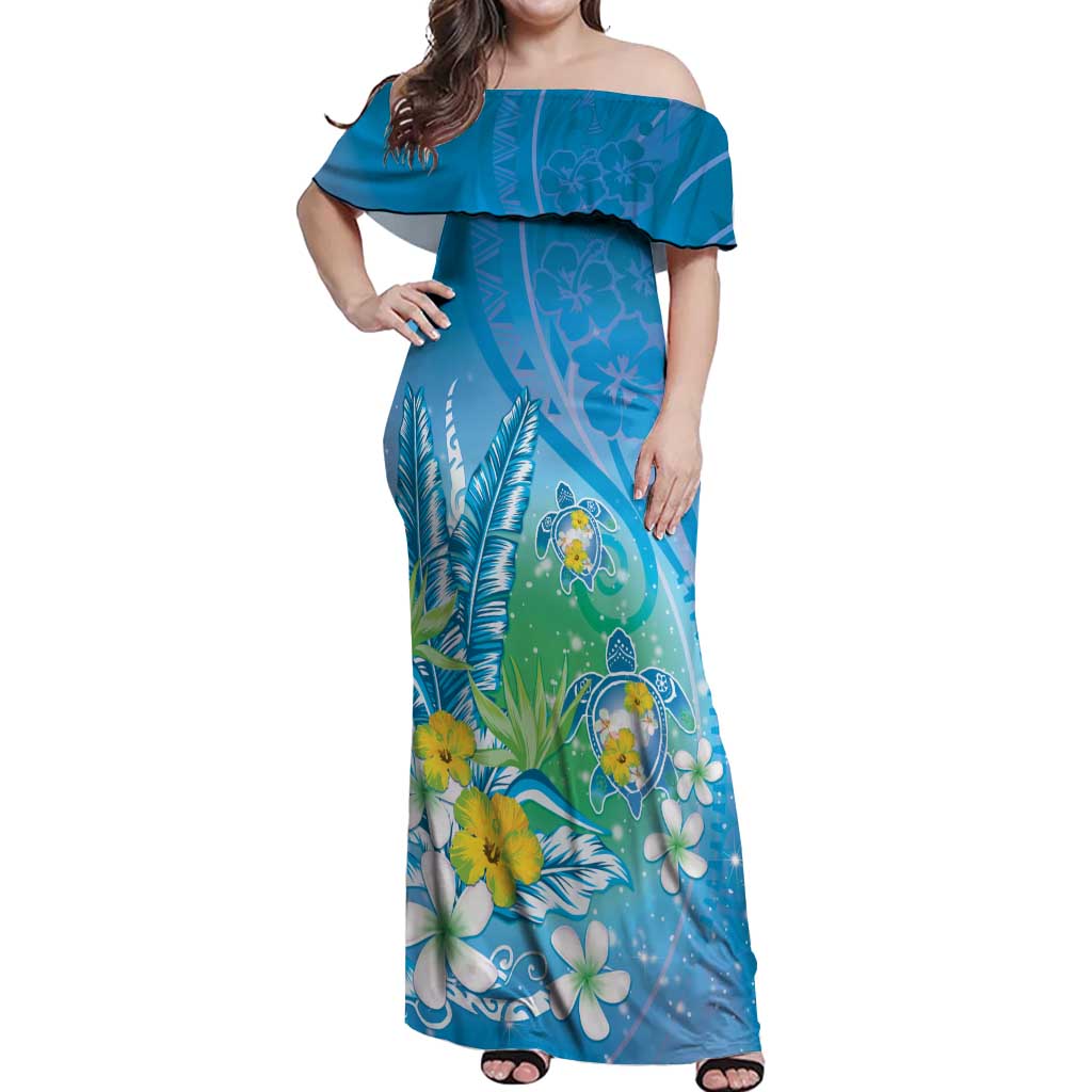 Hawaii Honu Off Shoulder Maxi Dress Tropical Flowers Blue Gradient LT05 Women Blue - Polynesian Pride