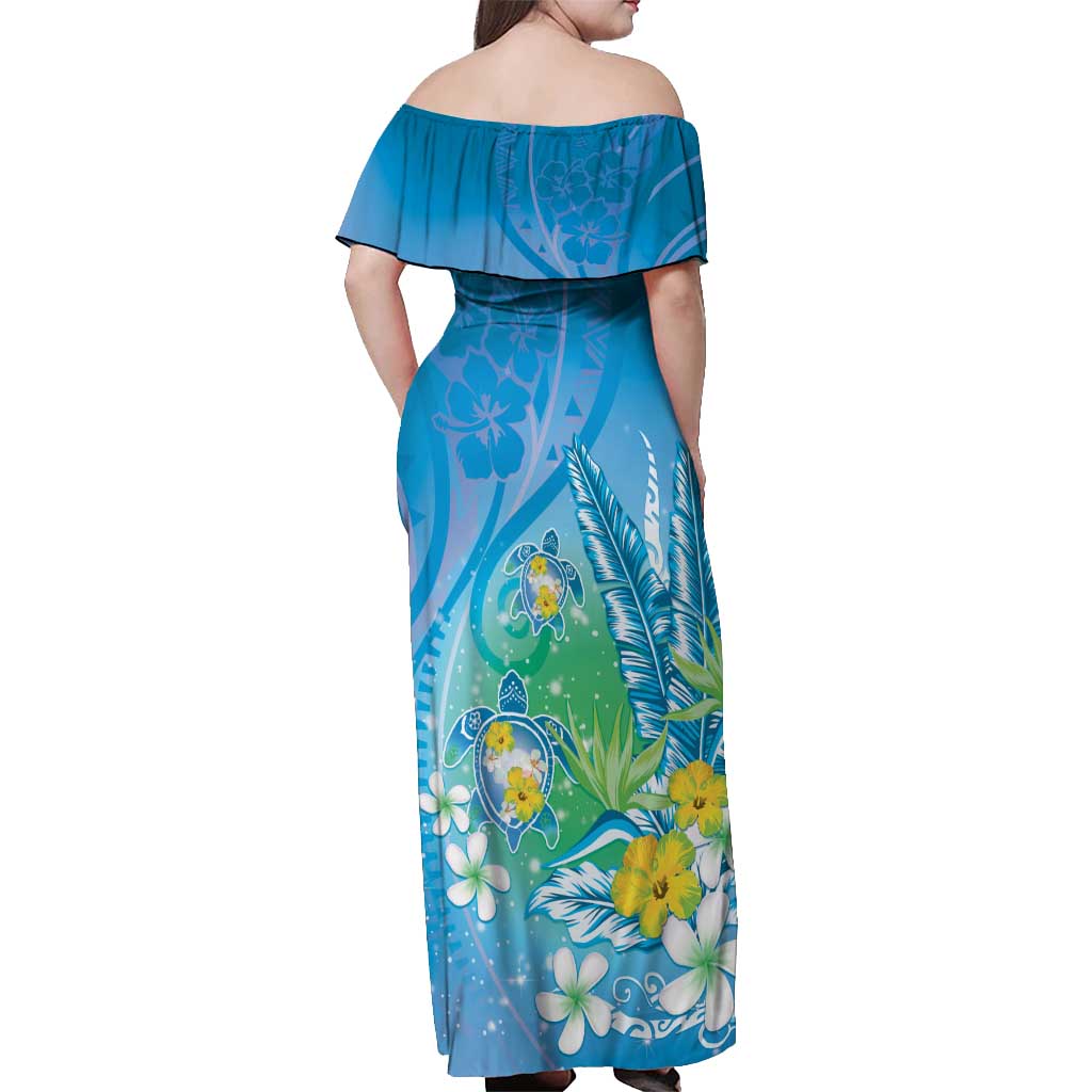 Hawaii Honu Off Shoulder Maxi Dress Tropical Flowers Blue Gradient LT05 - Polynesian Pride