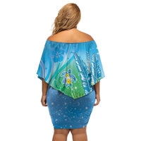 Hawaii Honu Off Shoulder Short Dress Tropical Flowers Blue Gradient LT05 - Polynesian Pride