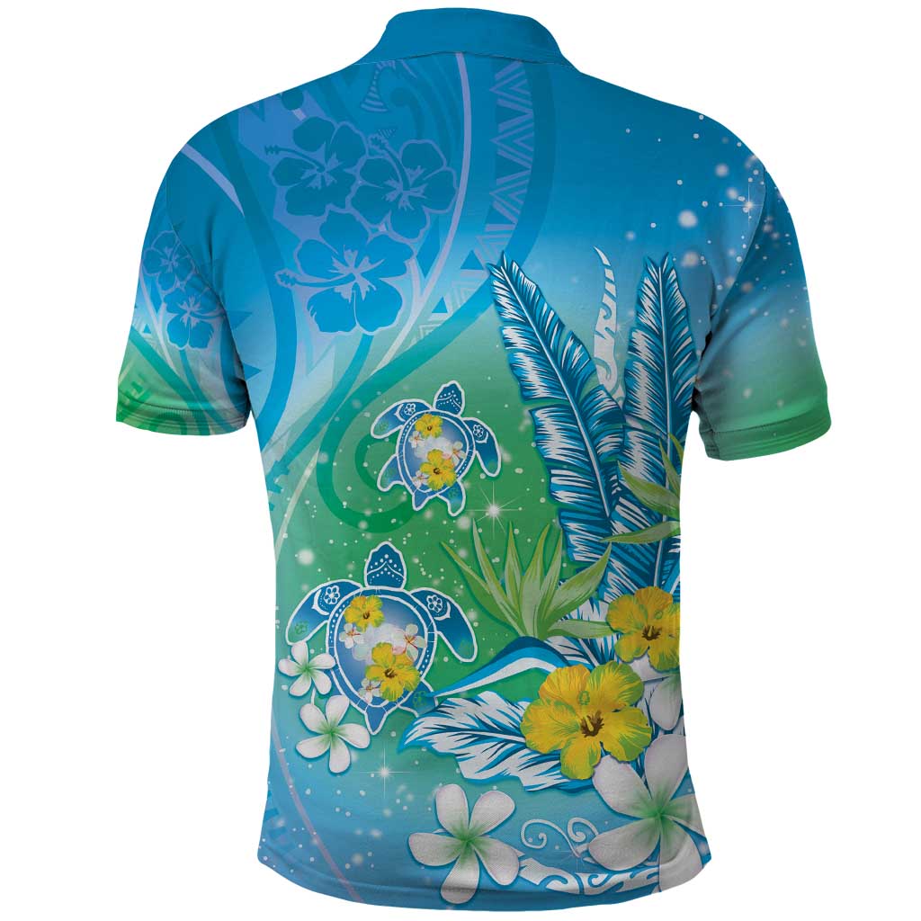 Hawaii Honu Polo Shirt Tropical Flowers Blue Gradient