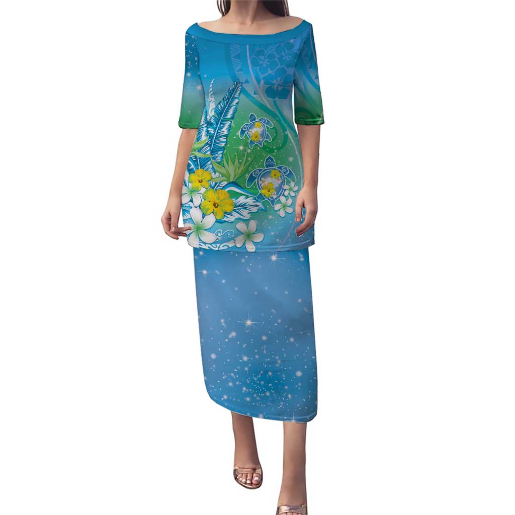 Hawaii Honu Puletasi - Tropical Flowers Blue Gradient LT05 Long Dress Blue - Polynesian Pride
