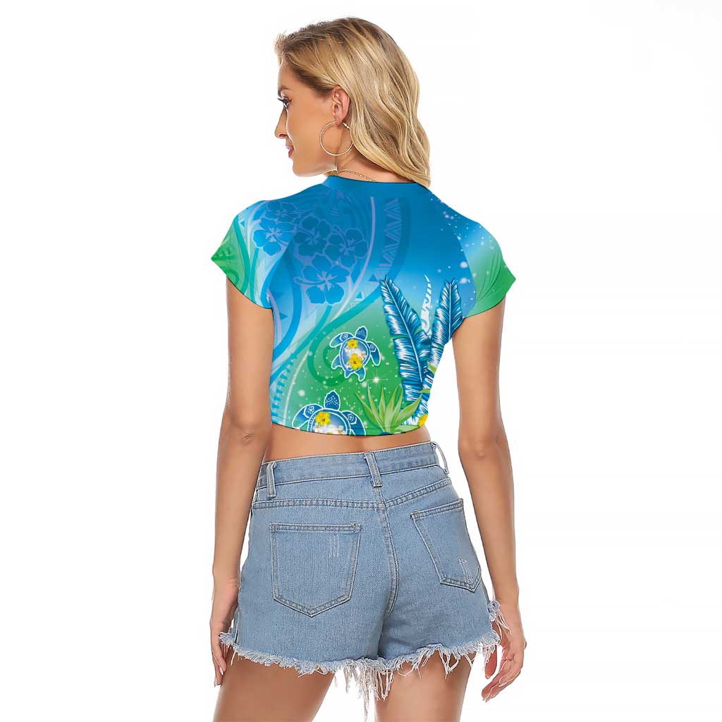 Hawaii Honu Raglan Cropped T Shirt Tropical Flowers Blue Gradient LT05 - Polynesian Pride
