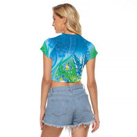 Hawaii Honu Raglan Cropped T Shirt Tropical Flowers Blue Gradient LT05 - Polynesian Pride