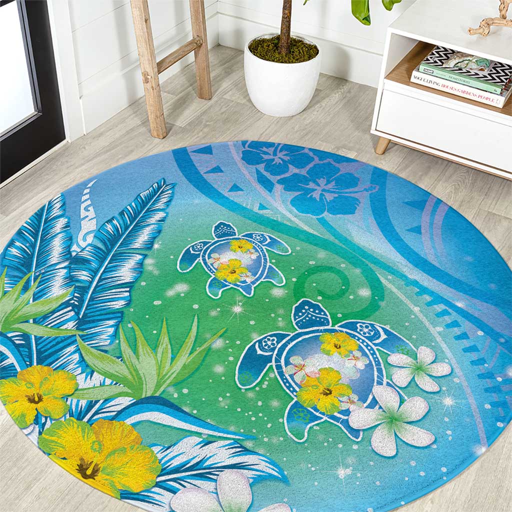 Hawaii Honu Round Carpet Tropical Flowers Blue Gradient