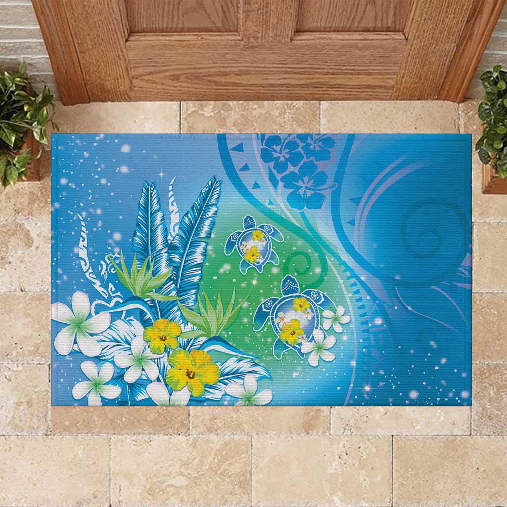 Hawaii Honu Rubber Doormat Tropical Flowers Blue Gradient LT05 Blue - Polynesian Pride