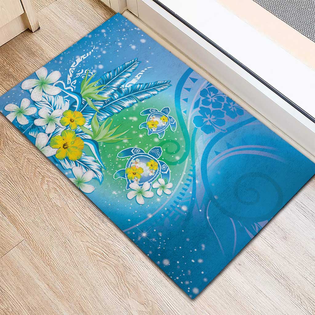 Hawaii Honu Rubber Doormat Tropical Flowers Blue Gradient LT05 - Polynesian Pride